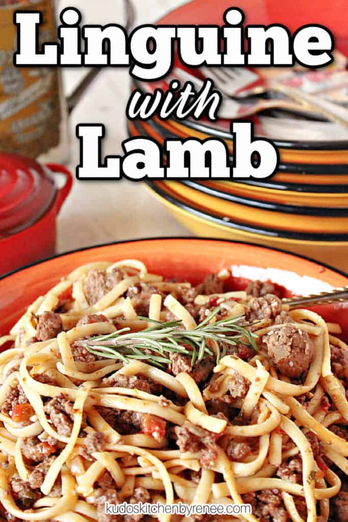 A vertical title text closeup image of Linguine with Lamb pasta with fresh rosemary on top.