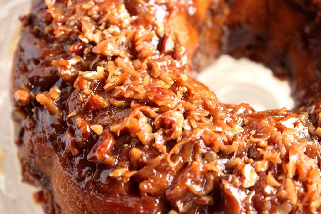 The top of a coconut caramel crescent ring.