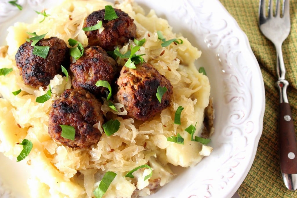 German Meatballs Over Mashed Potatoes and Sauerkraut Recipe