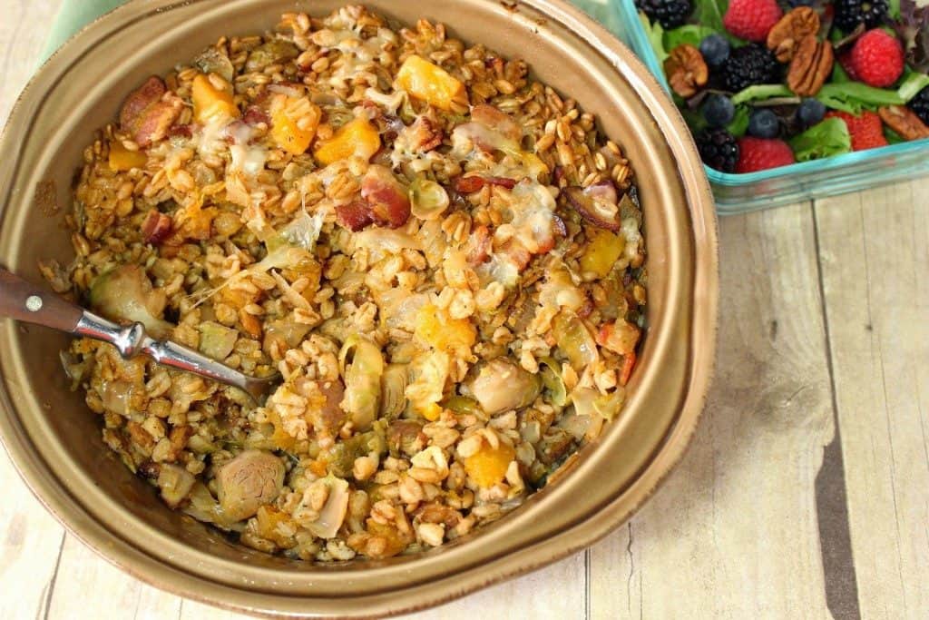 Baked Farro Casserole with Butternut Squash, Bacon & Brussels Sprouts - kudoskitchenbyrenee.com