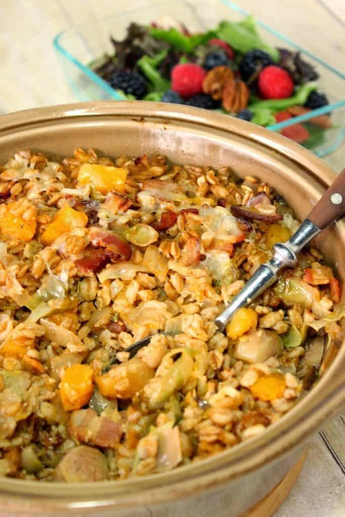 Baked Farro Casserole with Butternut Squash, Bacon and Brussels Sprouts is a deliciously savory dish with plenty of healthy whole grains and tons of texture and taste. - kudoskitchenbyrenee.com