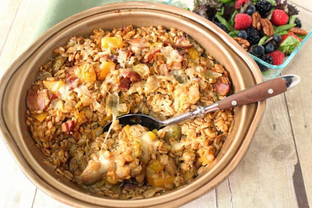 Baked Farro Casserole with Butternut Squash, Bacon & Brussels Sprouts - kudoskitchenbyrenee.com