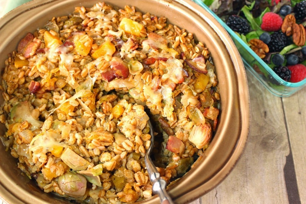 Baked Farro Casserole with Butternut Squash, Bacon & Brussels Sprouts - kudoskitchenbyrenee.com