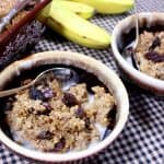 Two bowls of baked steel cut oatmeal on a check tablecloth.