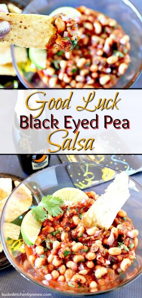 Vertical title text collage image of black eyed peas salsa with corn chips and lime wedges.