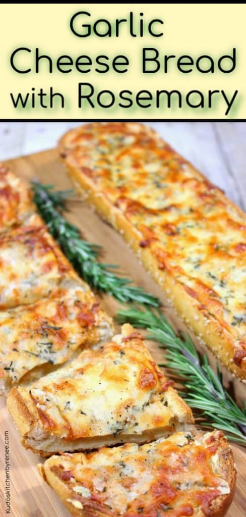 A vertical title text image of easy roasted garlic bread with cheese with fresh rosemary on the side