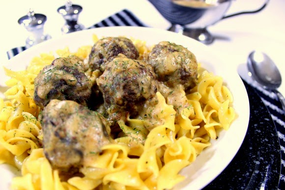Fat free evaporated milk is the key to making these Lower Fat Dilled Swedish Meatballs. They're so good, you'll never miss the heavy cream.