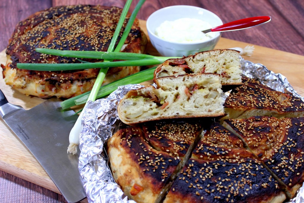 Bing Bread is a yeasted sweet and savory Chinese flat bread that's filled with potato, bacon, green onion and cheese. Chinese Bing Bread | Kudos Kitchen by Renee