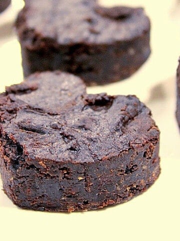 A closeup photo of a heart-shaped Black Bean Brownie