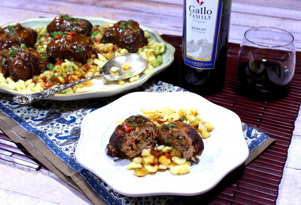 German Beef Rouladen is eye of round steak that is pounded thin, then stuffed and rolled with a mixture of cooked bacon, carrots, celery and dill pickles. German Beef Rouladen - Kudos Kitchen by Renee