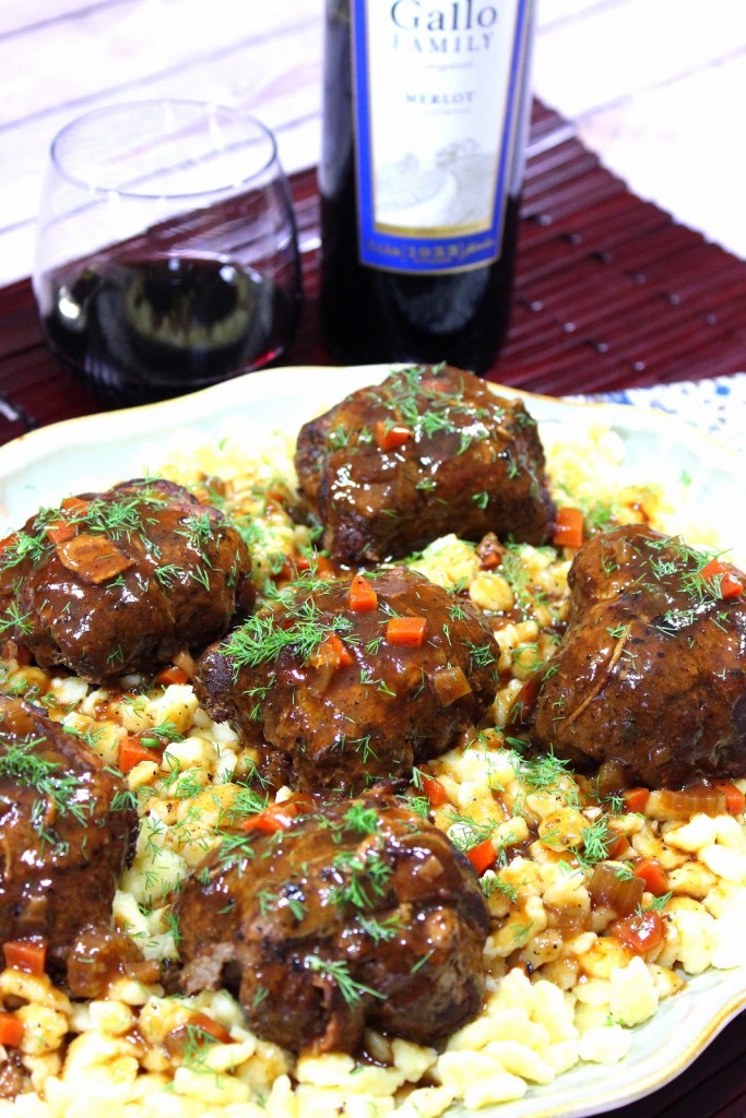 German Beef Rouladen is eye of round steak that is pounded thin, then stuffed and rolled with a mixture of cooked bacon, carrots, celery and dill pickles. German Beef Rouladen Recipe - Kudos Kitchen by Renee