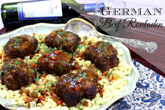 German Beef Rouladen is eye of round steak that is pounded thin, then stuffed and rolled with a mixture of cooked bacon, carrots, celery and dill pickles. German Beef Rouladen Recipe - Kudos Kitchen by Renee
