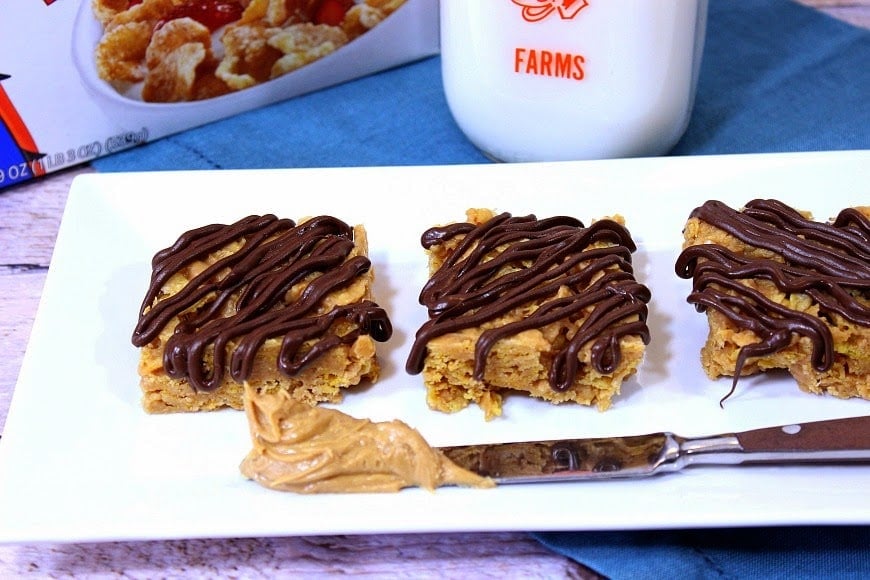 A horizontal photo of three squares of tiger paws cereal bars drizzled with chocolate on a white rectangle plate.