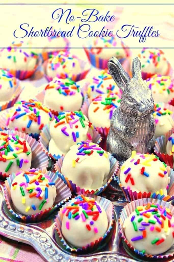 Colorful shortbread cookie truffles on a plate with a bunny.