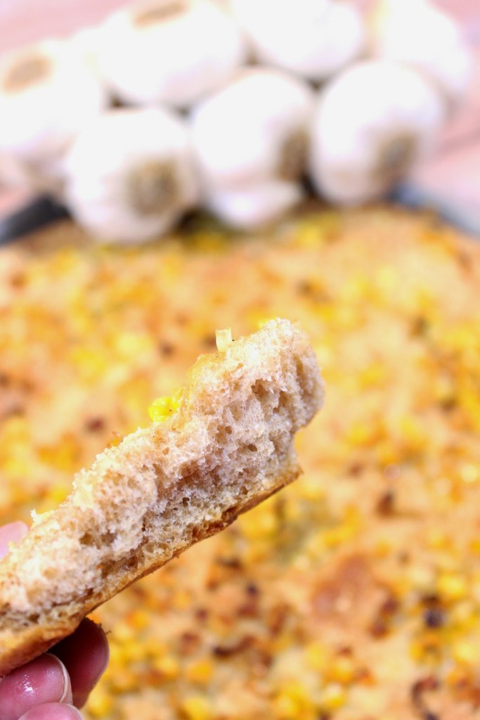 The intoxicating aroma of roasted of garlic will captivate you even before you take your first bite of this soft and chewy Garlic Lovers Focaccia with Shallots and Sweet Corn. - Kudos Kitchen by Renee Garlic Lovers Focaccia with Sweet Corn