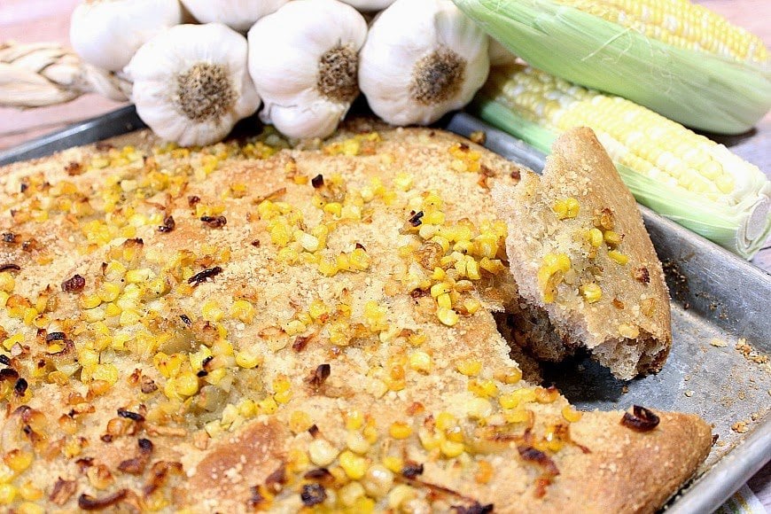 Garlic Lovers Focaccia with Shallots and Sweet Corn - www.kudoskitchenbyrenee.com Garlic Focaccia with Sweet Corn