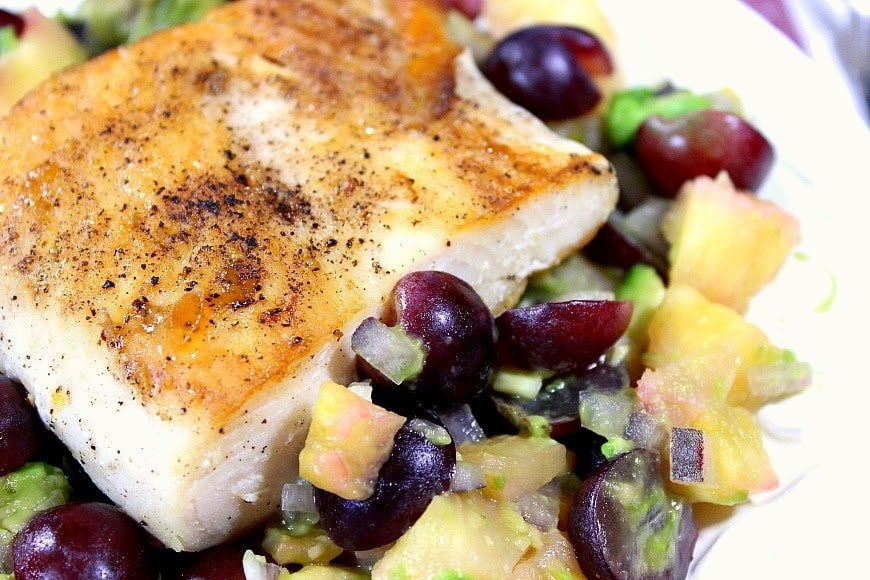 Tropical Seared Mahi-Mahi with Pineapple, Grape and Avocado Salsa Recipe - www.kudoskitchenbyrenee.com