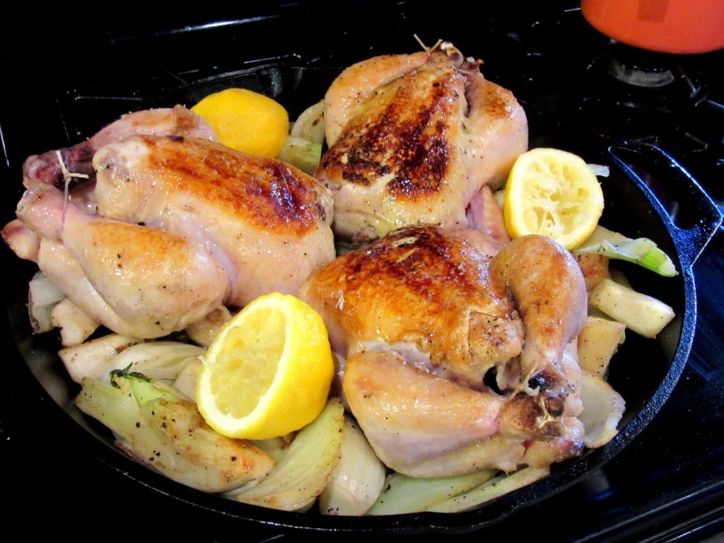Skillet Roasted Cornish Hens with lemon and fennel