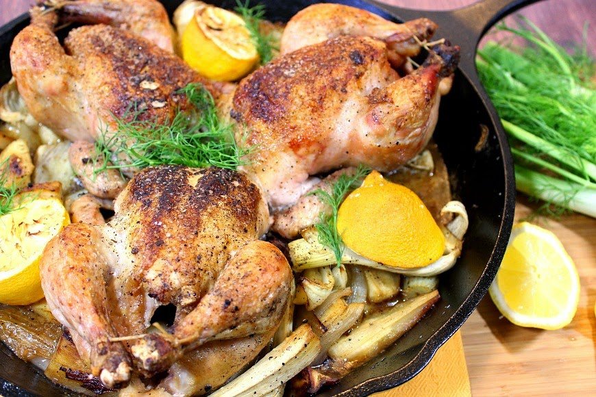 Skillet Roasted Cornish Hens with Fennel and Parsnips