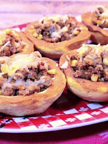 Fun BBQ Turkey in Corn Muffin Bowls on a red and white checked plate.