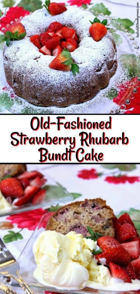 Vertical title text collage of a bundt cake with fresh strawberries and ice cream.