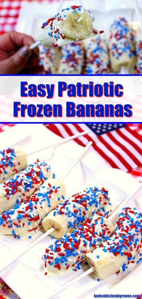 A photo collage of white chocolate covered bananas for the 4th of July with sprinkles and flags.