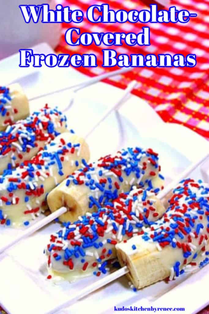 A close up image of frozen chocolate covered bananas on a plate with red, white, and blue sprinkles.