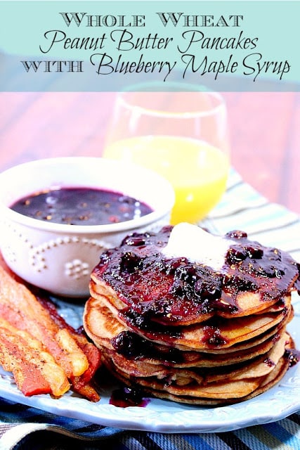 Whole Wheat Peanut Butter Pancakes with Blueberry Maple Syrup is a riff on a PB and J, only in pancake form. - Kudos Kitchen by Renee - www.kudoskitchenbyrenee.com Whole Wheat Peanut Butter Pancakes with Blueberry Maple Syrup