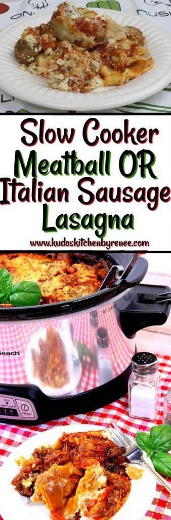 Traditional Italian Lasagna is a labor-intensive dish to make, but this Slow Cooker Meatball Lasagna (shown in the video), and/or a Whole Grain Crock Pot Sausage Lasagna takes only a fraction of the time to make but still has all the robust Italian flavor you love. - kudoskitchenbyrenee.com Slow Cooker Meatball Lasagna and Whole Grain Crock Pot Sausage Lasagna - kudoskitchenbyrenee.com