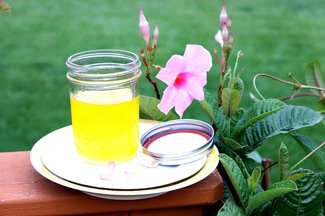 A jar of homemade garlic ghee with a pink tropical flower.