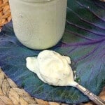 A spoon with Avocado Mayonnaise on it and a jar in the background.