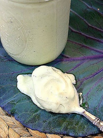A spoon with Avocado Mayonnaise on it and a jar in the background.