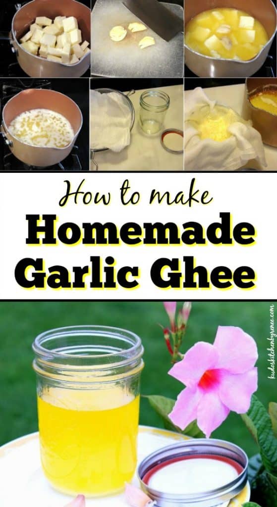 Vertical photo title text image of homemade garlic ghee.