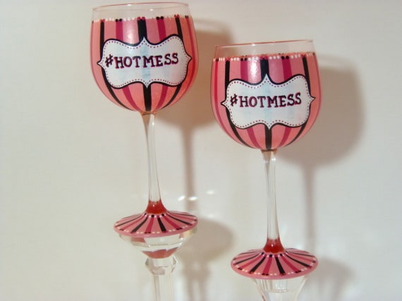 Pair of Hot Mess Hand Painted Wine Glasses