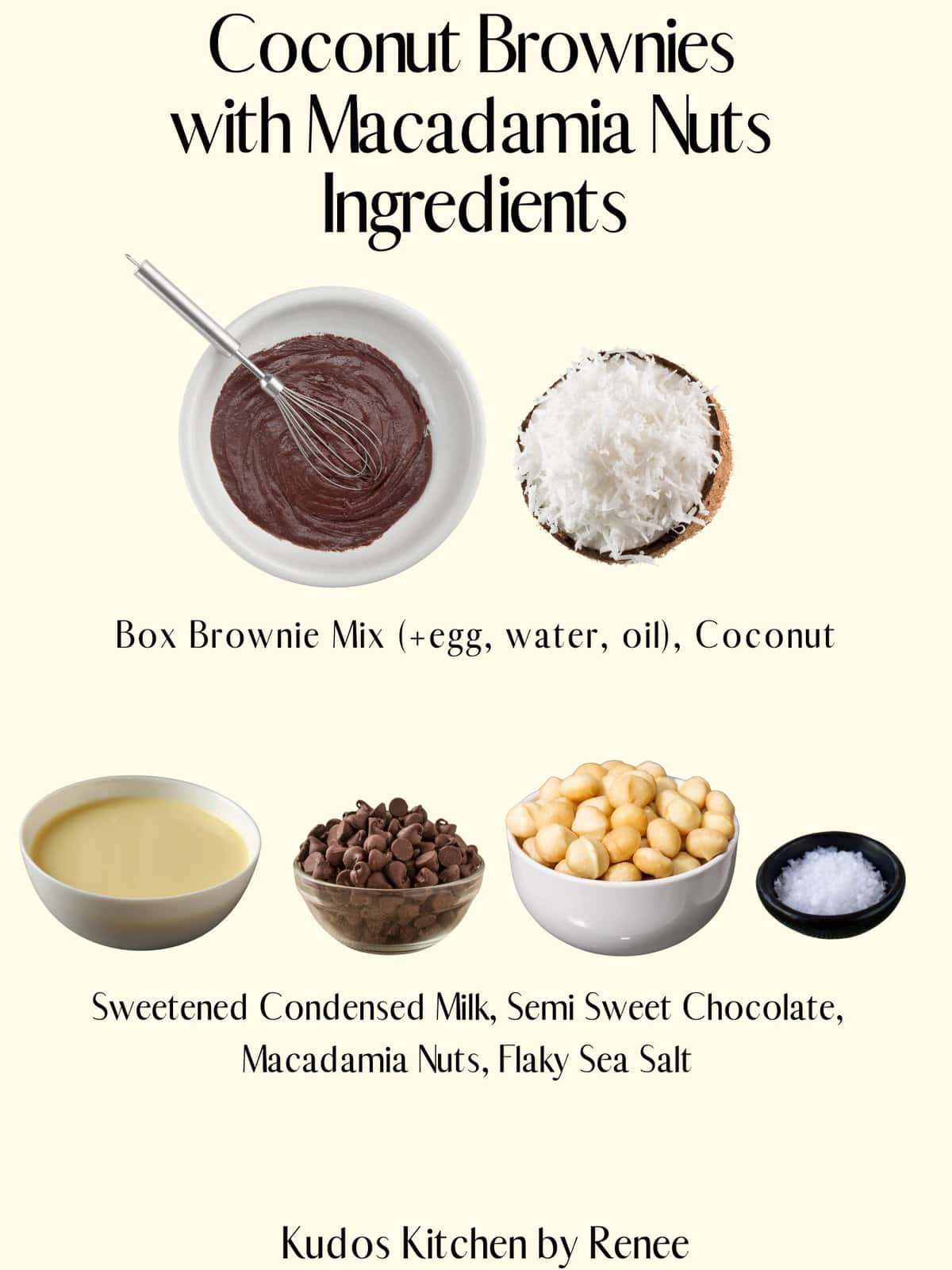 Visual ingredient list for making Coconut Brownies with Macadamia Nuts.