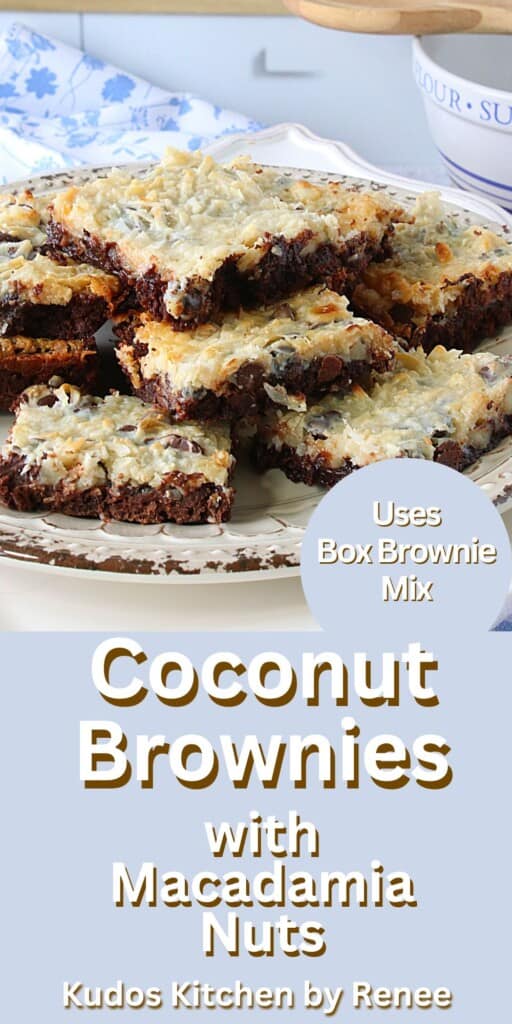 A Pinterest image with title text for Coconut Brownies with Macadamia Nuts.