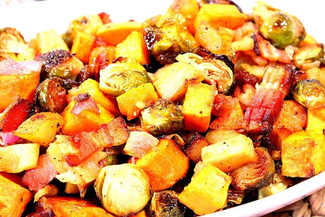 Sweet and Savory Roasted Sweet Potatoes, Brussels Sprouts and Apples