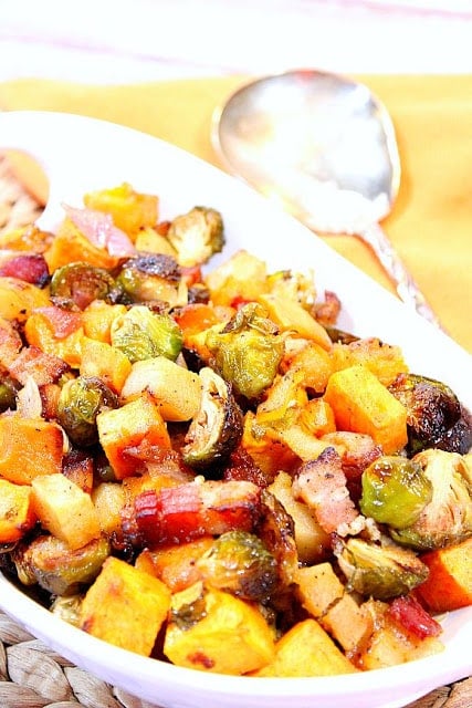 Sweet and Savory Roasted Sweet Potatoes, Brussels Sprouts and Apples