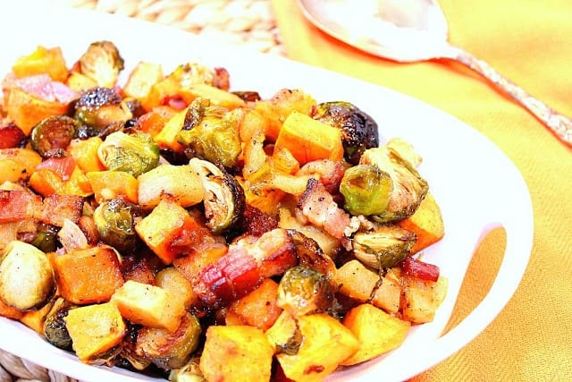 Sweet and Savory Roasted Sweet Potatoes, Brussels Sprouts and Apples