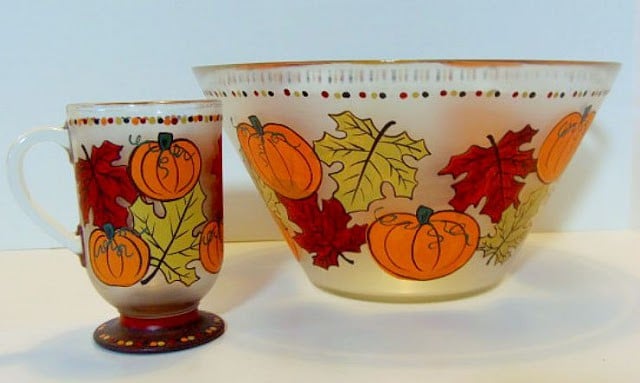 Autumn Leaves and Pumpkins Painted Bowl and Coffee Mug - www.etsy.com/shop/kudoskitchenpaints Autumn Leaves and Pumpkins Painted Bowl and Coffee Mug