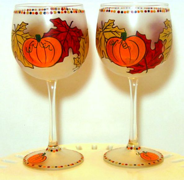 Autumn Leaves and Pumpkins Painted Wine Glass - www.etsy.com/shop/kudoskitchenpiants Autumn Leaves and Pumpkins Painted Wine Glasses
