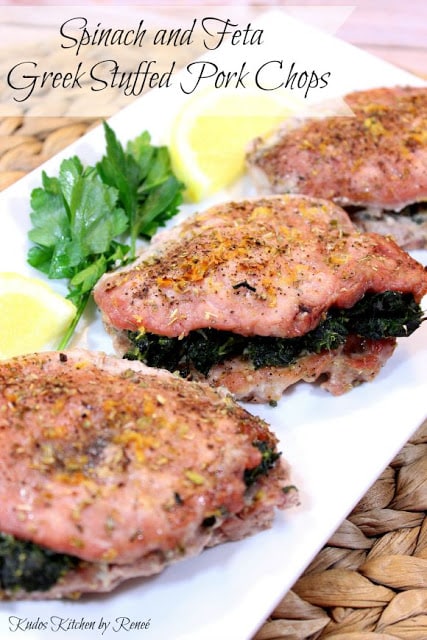 If you love Greek flavors, then you'll love this easy to make, five-ingredient recipe for Spinach and Feta Greek Stuffed Pork Chops. - Kudos Kitchen by Renee Spinach and Feta Greek Stuffed Pork Chops