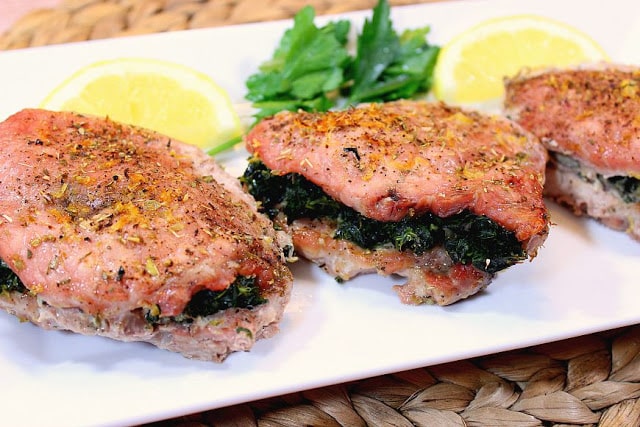 Spinach and Feta Greek Stuffed Pork Chops - www.kudoskitchenbyrenee.com Spinach and Feta Greek Stuffed Pork Chops