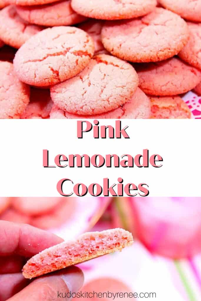 A vertical two image collage along with a title text overlay graphic for Pink Lemonade Cookies