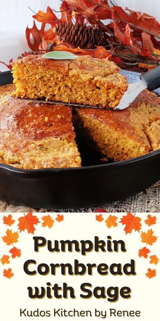 A Pinterest image of Pumpkin Cornbread with Sage and a title text.