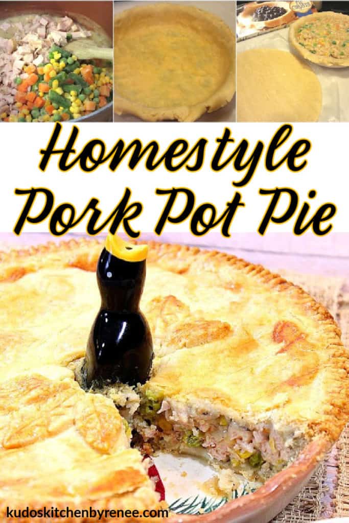 A vertical photo collage of a home-style pork pie pie along with tutorial photos and a title text overlay graphic