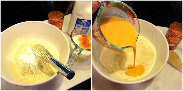 Mixing up batter for Pumpkin Cornbread with Sage.