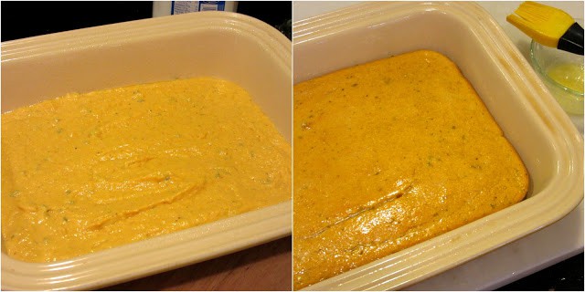 A baking dish filled with Pumpkin Cornbread with Sage.