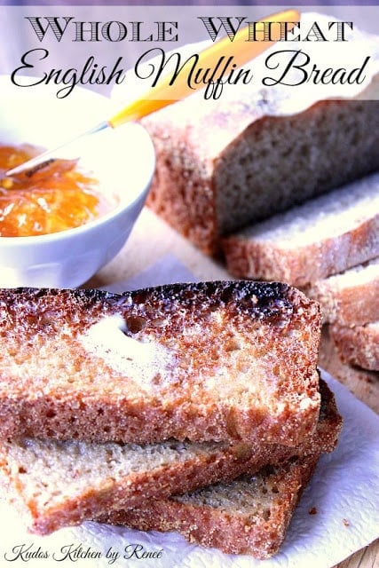 One bowl, one wooden spoon, and a few modest ingredients are all you'll need to make this extra delicious Whole Wheat English Muffin Bread. Even if you're new to baking, you'll rock this recipe! - Kudos Kitchen by Renee Whole Wheat English Muffin Bread