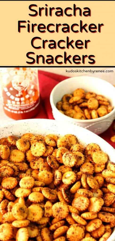 A Pinterest pin for Sriracha Firecracker Oyster Crackers with a title text.
